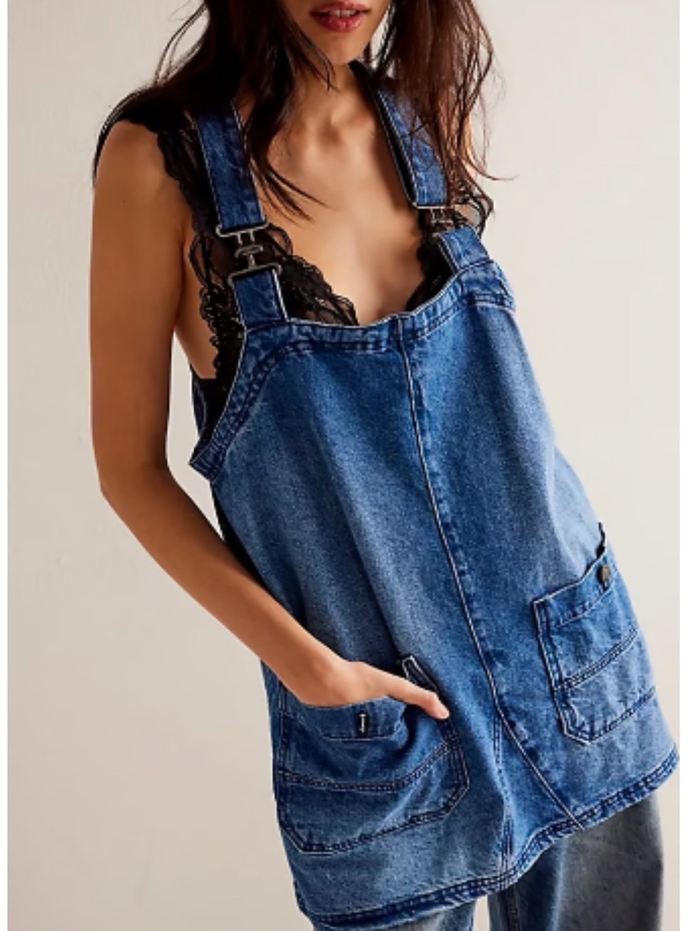 Free People Blue smocked Denim Overall Jumper  dress - XS